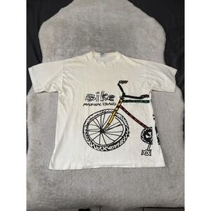 VTG GRAVITY GRAPHICS Bike Mackinac Isld Wraparound T-Shirt White L Single Stitch